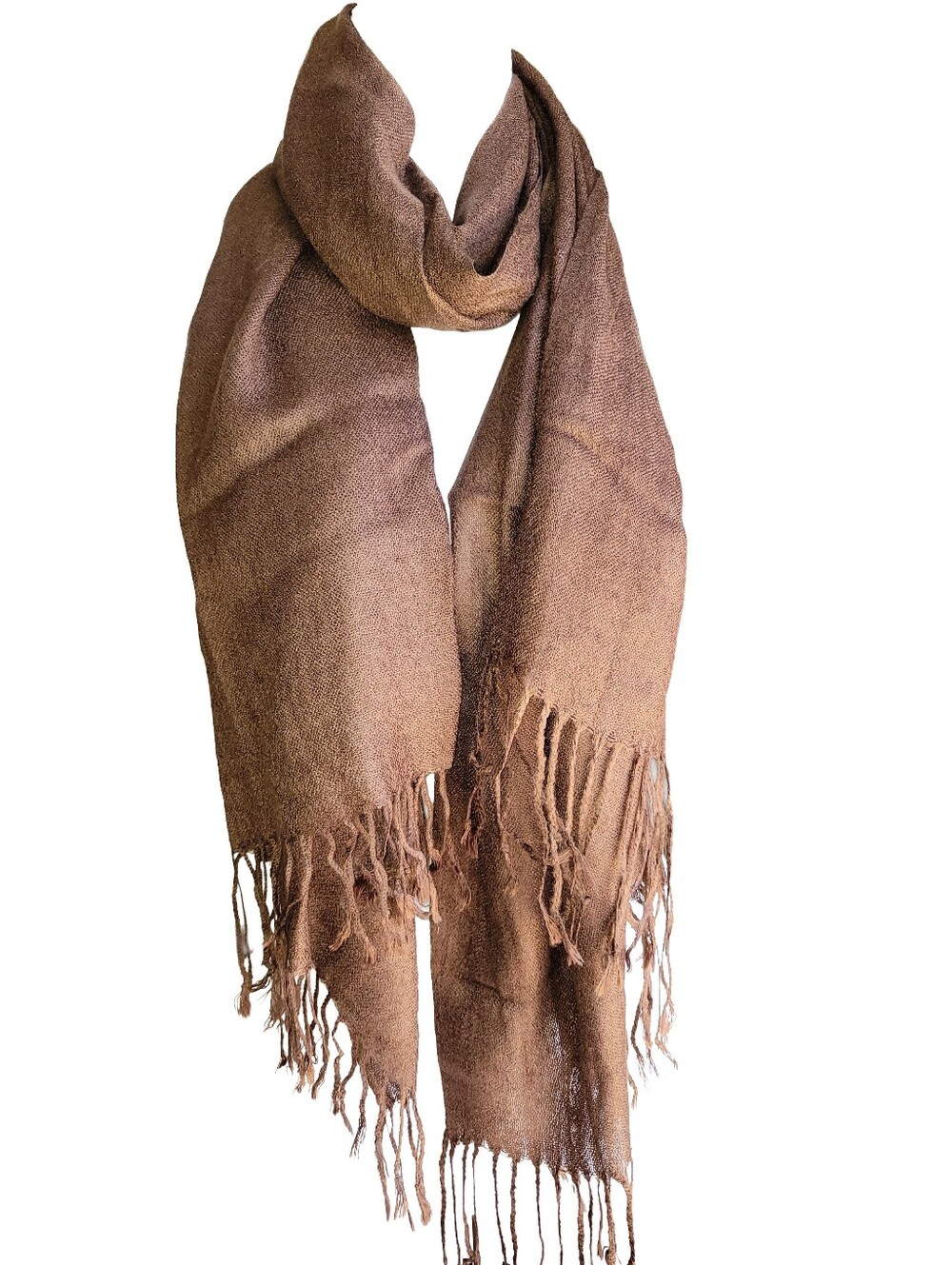 Large Brown Acrylic Fringe Shawl / Scarf / Wrap 79" x 29"